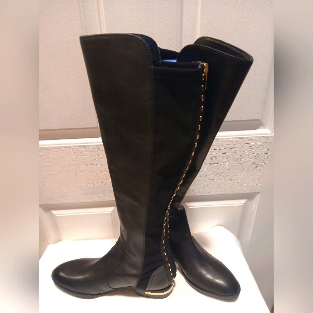 Vince Camuto Women's Black Fashion Rounded Toe Riding Studded Knee Boots
